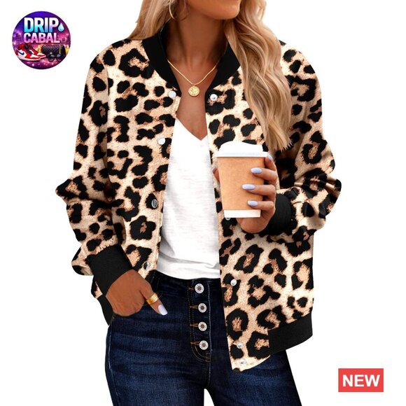Jackets & Blazers - Leopard Bomber Jacket Lightweight Varsity Button Down Short Casual Spring